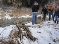 Chuck explaining beaver teeth in front of a beaver lodge. Beavers live in lodges which are different than dams and have bedrooms and eating rooms.